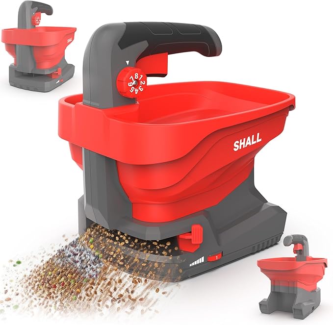 SHALL Battery Powered Fertilizer Spreader 7.2V Rechargeable Seed Spreader for Salt De-Icer Earth Food Grass Seed 8-Level Settings and 3.3L Large Capacity Spreading up to 6458 sq.ft