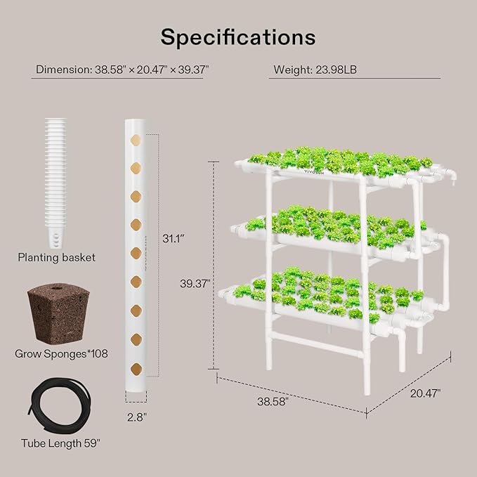 VIVOSUN Hydroponics Growing System 108 Plant Sites 3 Layers 12 Food-Grade PVC-U Pipes Gardening System Grow Kit with Water Pump Timer Nest Basket and Sponge for Leafy Vegetables