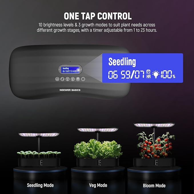 NEEWER Basics Hydroponics Growing System Kit with LED Plant Light/3 Growing Modes/12 Pods/Timer/LCD/Smart Quiet Pump Touch Light Planter for Herb Garden Vegetables Flowers Indoor Gardening HGS01