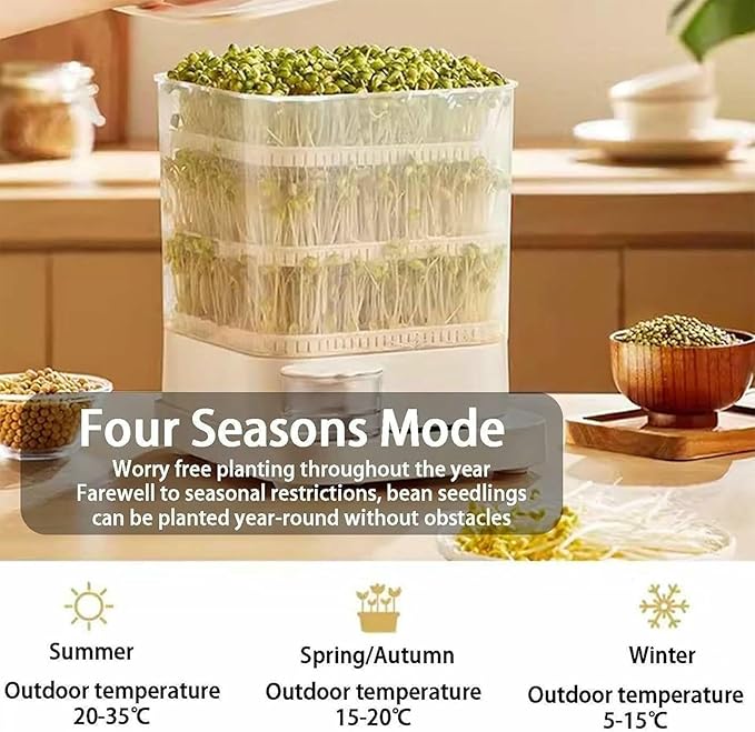 Automatic Sprouter Bean Growing Machine 3 Layers Home Smart Bean Sprout Machine with 1.5L Water Tank 360° Automatic Spray LED Display Time Four Season