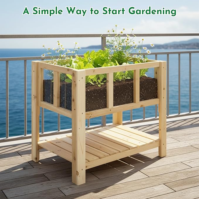 Raised Garden Bed with Transparent Acrylic Side Panels Elevated Wooden Planter Box with Shelf for Vegetables Herbs &amp FlowersOutdoor Raised Garden Planter for Patio Balcony &amp Backyard