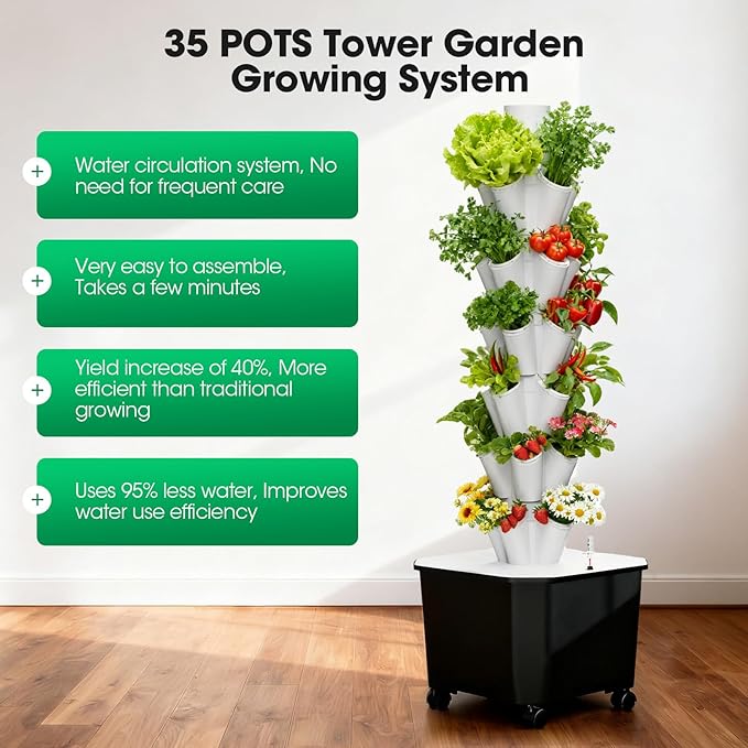 Vertical Hydroponic Tower Garden35 Pods 7-Layer Indoor Outdoor Growing System with Smart Timer3 Seed Starter Tray.Water Pump-BPA-Free Modular for Hydroponic Gardening Lovers Planting Vegetables