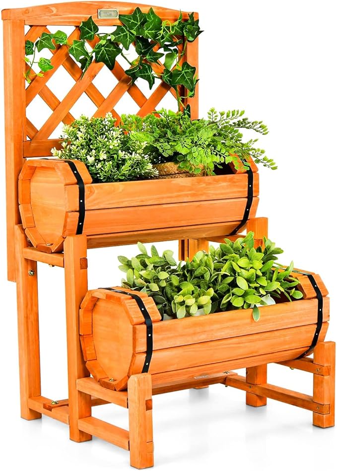 HAPPYGRILL Raised Garden Bed 2-Tier Planter with Trellis &amp 2 Planter Boxes for Climbing Plants Flower Herb Growing Indoor &amp Outdoor Planter Raised Bed for Yard Patio