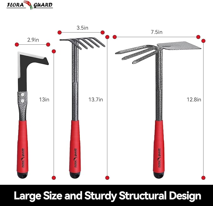 FLORA GUARD 6-Piece Garden Tool Set Heavy Duty Gardening Hand ToolsIncludes Trowel Rake 2-in-1 Hoe &amp Crack Weeder Durable Yard Gardening Tools Ideal Gardening Gift for Men &amp Women