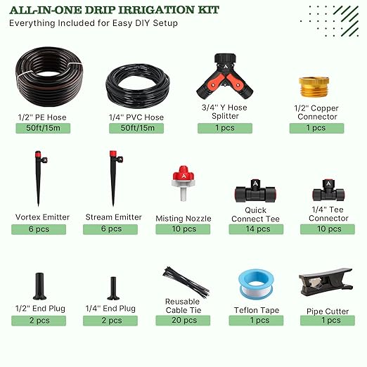 A ANLEOLIFE 100FT Drip Irrigation Kit All-in-One Quick-Connect System with 1/2” Mainline + 1/4” Tubing Y Splitter 22 Adjustable Emitters &amp Nozzles for Raised Beds Greenhouse Vegetable Garden