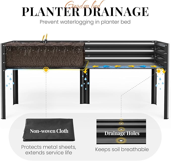 KING BIRD Large Raised Garden Bed with Netting Galvanized Elevated Planter Box with Legs 72×23×55 in for Backyard Patio Balcony 700lb Capacity Dark Grey