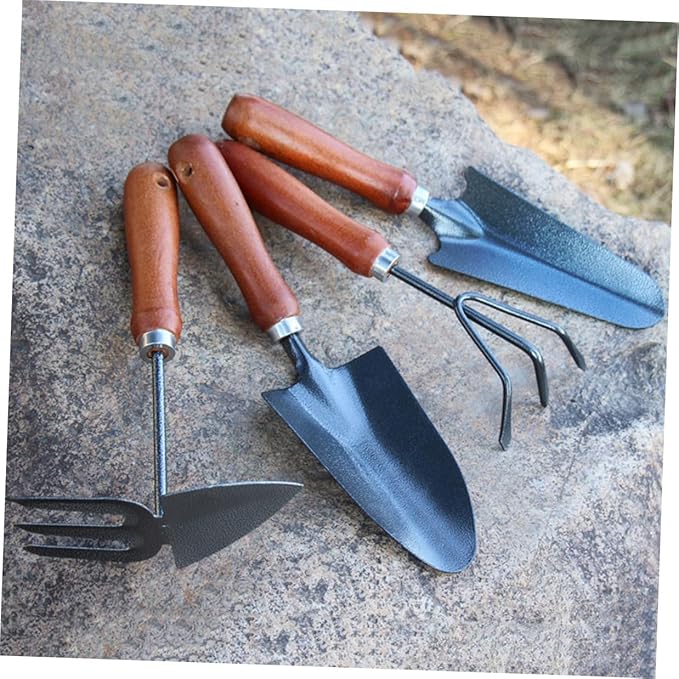 Wakauto 4pcs Mini Garden Tool Set with Thickened Iron Shovels Wooden Handle Planting Tools for Flower Pots and Lawn Gardening Maintenance