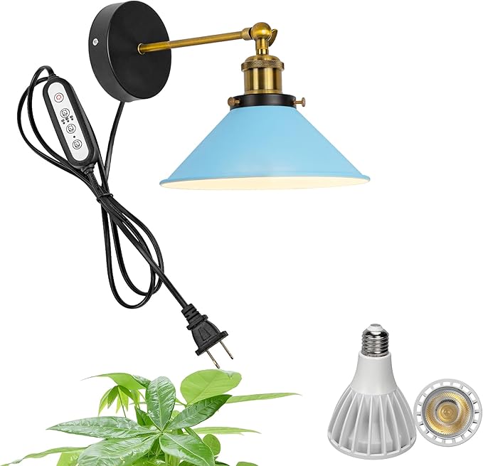 Hook Type Wall Mounted Plant Light Full Spectrum 25W 6000K White Light Vintage Blue Metal Adjusted Angle Timing Wall Lamps for Plants Flowers Indoor Growing