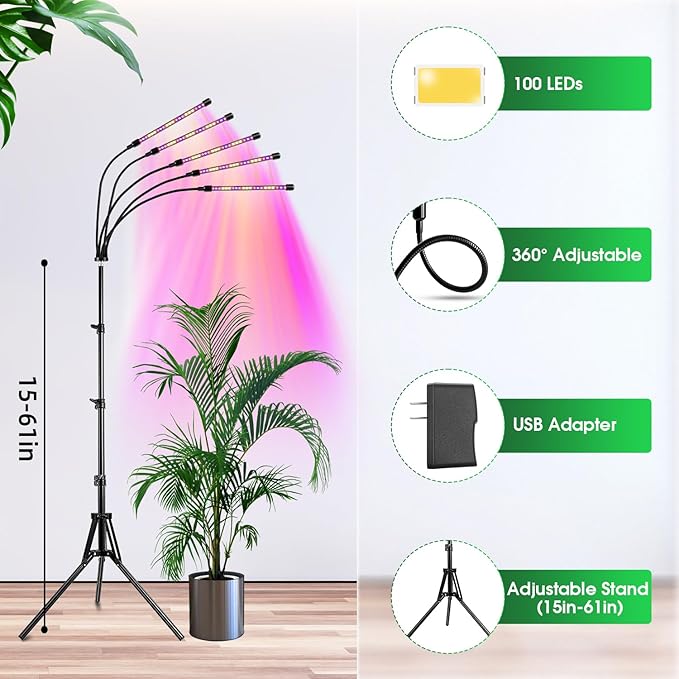 Wolezek Grow Lights for Indoor Plants 2 Pack Full Spectrum Plant Light with Adjustable Stand 5-Head LED Grow Light with Auto 6/12/16H Timer 5 Brightness Levels Ideal for Large &amp Tall Plants