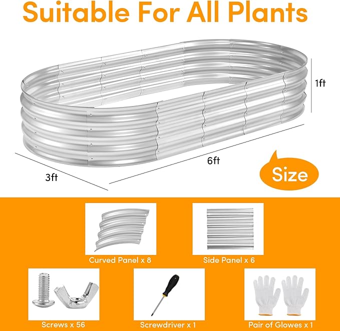 6x3x1FT(2 Pack) Galvanized Planter Raised Beds Outdoor Metal Raised Garden Bed for Vegetables Herbs Flowers (Silver 6×3×1FT (2-Pack)