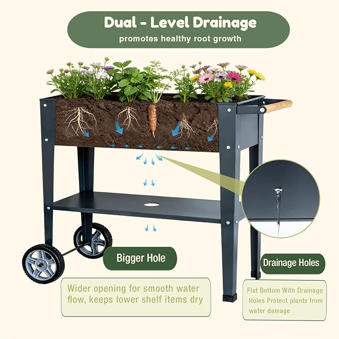 Raised Garden Bed Outdoor with Wheels &amp Legs for Mobility Solid Lower Storage Shelf &amp Wooden Handle Metal Elevated Raised Planter Box for Backyard Balcony 400lb Cap.(Light Black 36 inch)