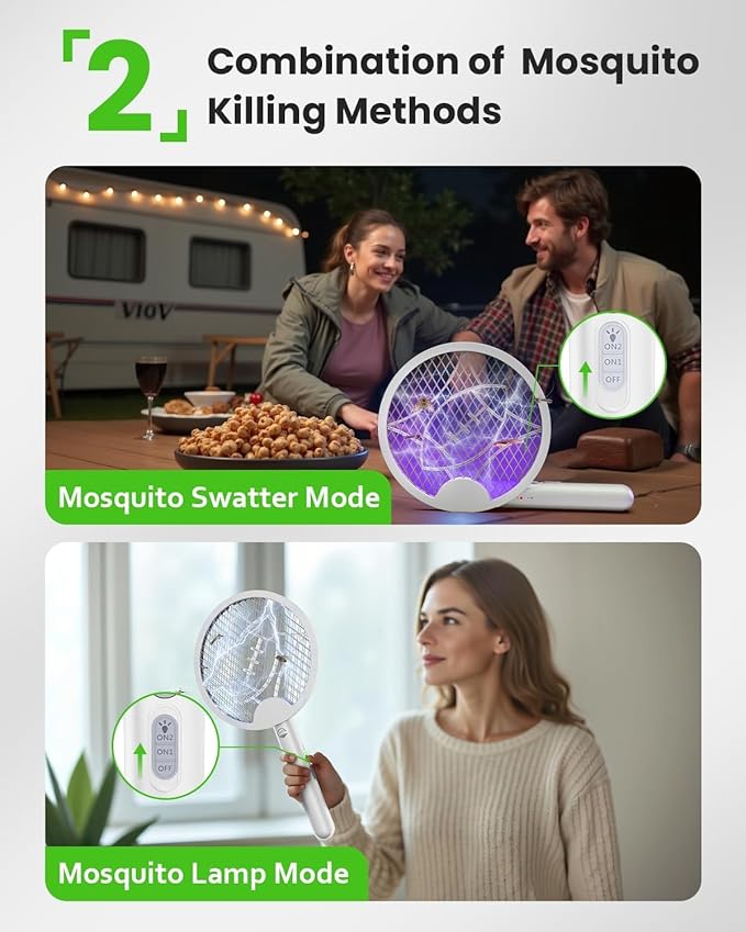 Electric Fly Swatter Racket Foldable 2 in 1 Bug Zapper with Purple Trap Lamp 4000V &amp 1500mAh Powerful Mosquito Trap Killer with Type-C Rechargeable for Indoor Home Patio Camp(White 2 Pack)