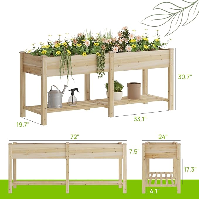 Raised Garden Bed with Legs Wooden Planter Box with Storage Shelf Elevated Wood Planter Box for Vegetables Flowers Herbs Garden Planter for Backyard Patio Balcony 72x24x30.7inch (Natural L)