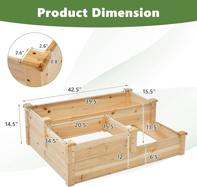 HAPPYGRILL 3-Tier Raised Garden Bed Wood Elevated Flower Box with Open-Ended Base &amp Plug-in Connector Outdoor Planter Raised Beds for Vegetables Herbs &amp Fruits