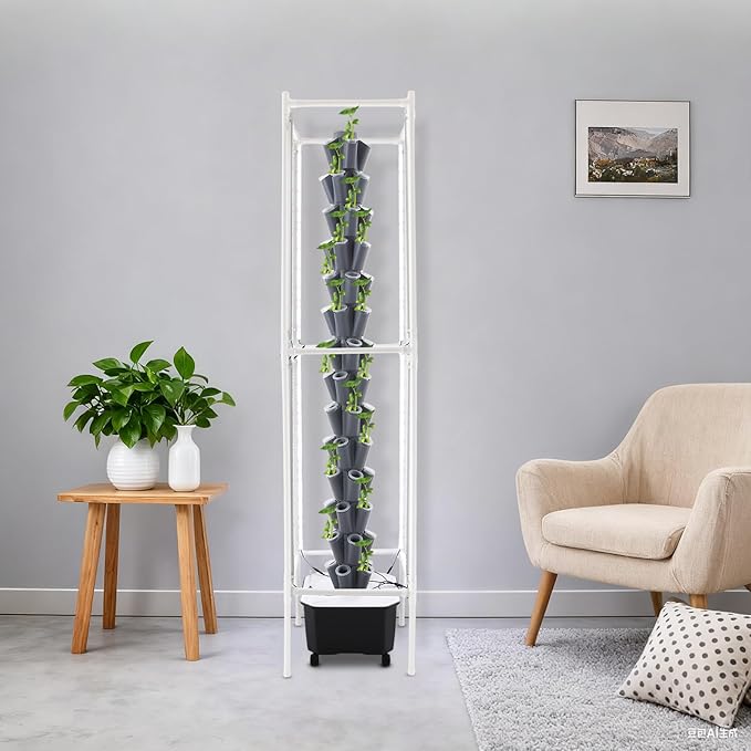 Hydroponics Tower | Vertical Planter Tower with 360° LED Grow Lights | 14 Layer 70 Plants Hydroponics Growing System Kit | Self-Watering Hydroponics System with Pump Adapter | 4 Wheels (Gray)