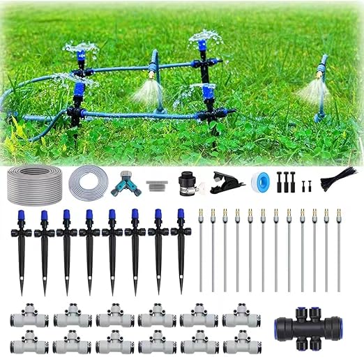 98 FT Irrigation System Kit. with 360°Fan-Shaped and Atomizing NozzleCan Be Quickly Installed and Disassembled for Garden Plant Flowerpots and Courtyard Watering Systems.