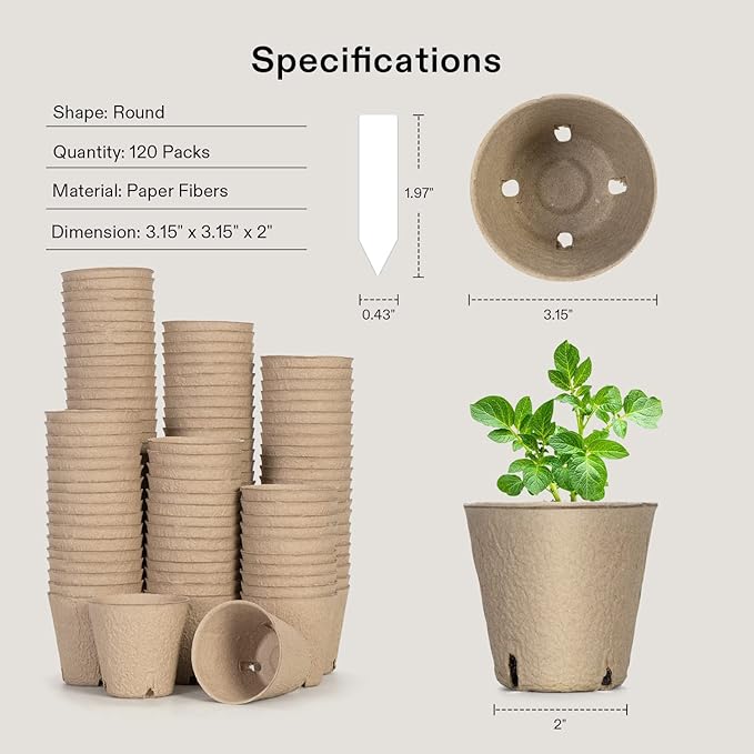 VIVOSUN Peat Pots 120 Packs 3.15-Inch Seed Starting Pots with Drainage Holes Round Nursery Pot 20 Plant Labels for Flowers Plants Vegetables 120Pcs