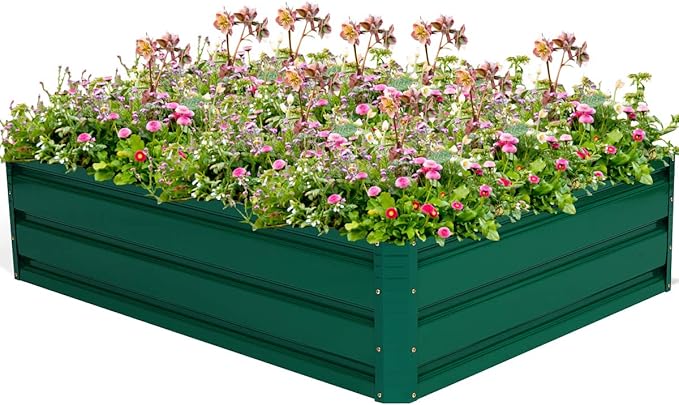 Giantex Patio Raised Garden Bed Vegetable Flower Planter Metal Plant Box Dark Green (47 Lx35.5 Wx12.0 H)