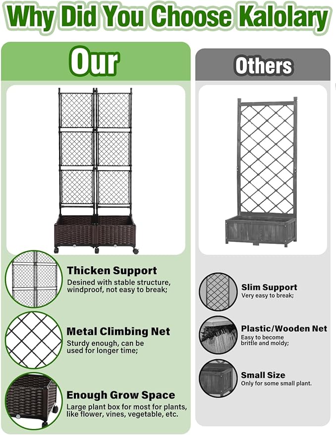 Kalolary 170CM Raised Garden Bed with Metal Trellis Large Plastic Planter Box with Drainage Hole on Wheels Tomato Planters Climbing Trellis Outdoor Indoor for Climbing Plants Vegetable Flowers Vine