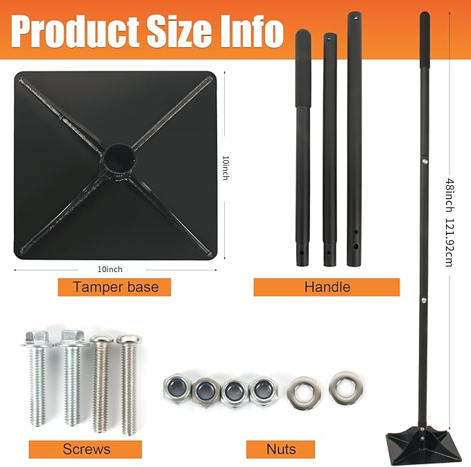 Steel Tamper 10'' x 10'' Garden Ground Tool Durable Steel Handheld Tamper with 48 inch Handle Garden Tools for Landscaping and Repair Work