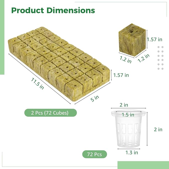 72 Rockwool Cubes &amp Net Pots Hydroponic Kit Stonewool Seed Starter Set for Quick Germination Efficient Water Retention for Healthy Growth
