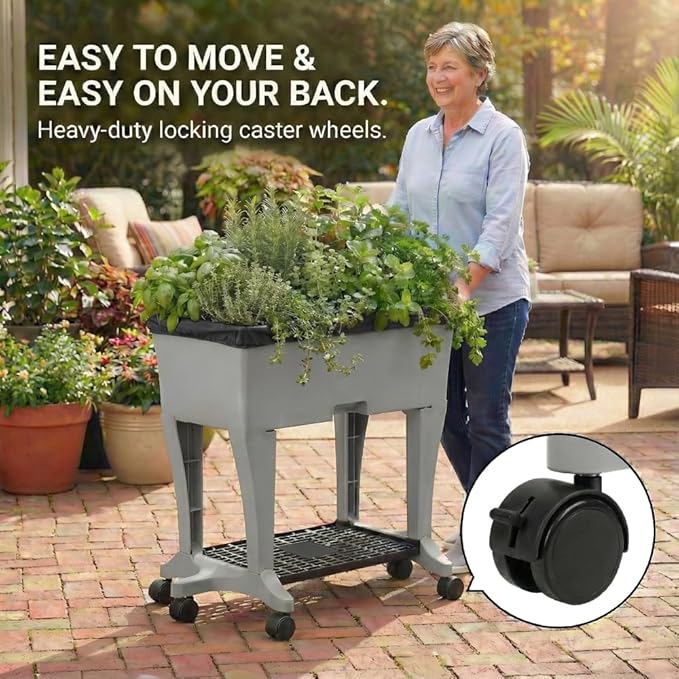 EarthBox Raised Garden Bed with Legs – Elevated Self Watering Planter Box with Wheels Storage Shelf Premium Plant Food Easy Assembly Made in USA Gray