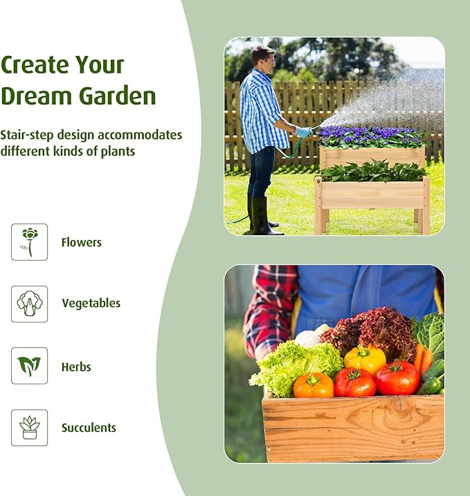 RELAX4LIFE 2-Tier Raised Garden Bed - Fir Wood Garden Elevated Planter Box with Legs 8 Drainage Holes220 Capacity for Growing Vegetable Elevated Garden Bed for Outdoor Yard Patio Balcony (Natural)