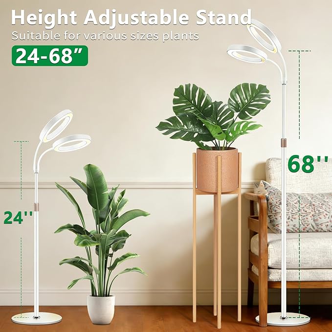 Floor Grow Lights for Indoor Full Spectrum Plant Lighting with Adjustable 68 Stand for Growing Large Tall Plants 3/9/12H Timer3 Light Modes 2Heads