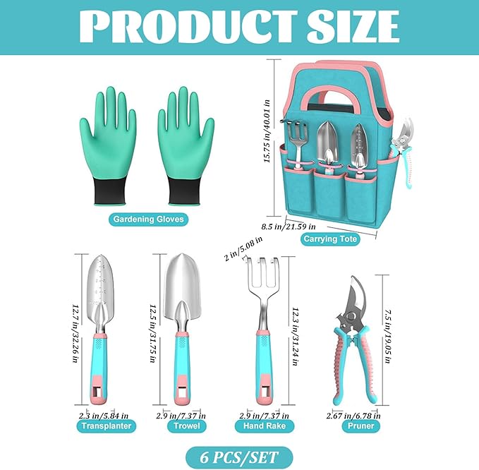 Gardening Tools 6-Piece Gardening Tool Set Heavy Duty Steel Hand Tools with Storage Bag &amp Non-Slip Rubber Gloves Garden for Women - Tool Set