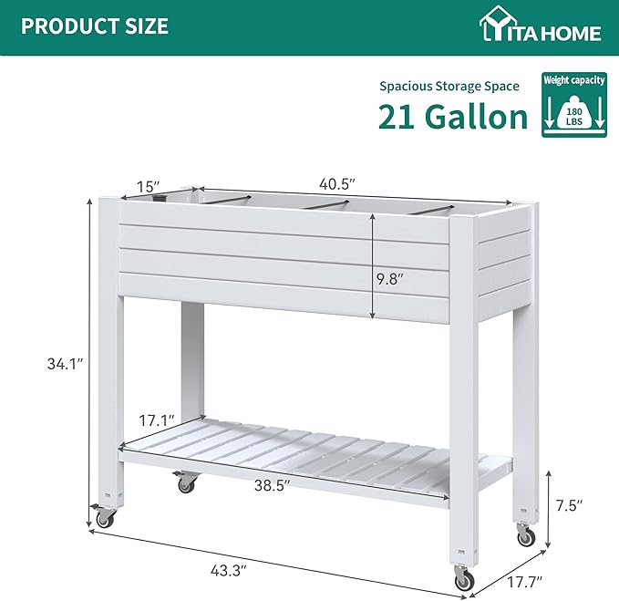 YITAHOME 43.3x17.7x34 in Elevated Garden Bed 2pcs Outdoor Plastic Planter Box with Wheels Legs Drain Plug and Storage Shelf for Plants Vegetables Flowers Herbs Grayish-White