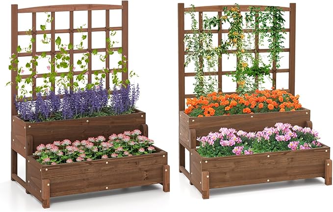 Byroce Outdoor Raised Garden Bed Garden Planter Box with Lattice Trellis Legs &amp Drainage Hole 2-Tier Standing Elevated Planter for Flower Fruit Vegetable &amp Climbing Plants in Patio Balco