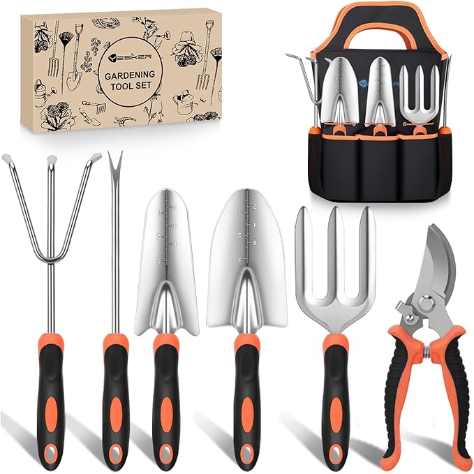 Yesker Gardening Tools 7-Piece Heavy Duty Garden Tool Set Gardening Supplies Gifts for Women Men Gardening Hand Tool Kit with Non-Slip Ergonomic Handle Garden Bag Pruning Shears Black Orange