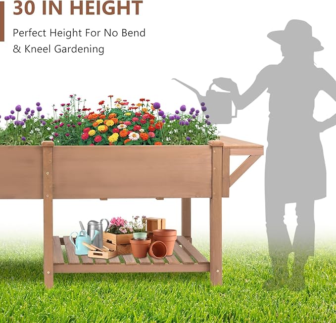 Raised Garden Bed with Legs Wooden Planter Box for Outdoor Gardening Elevated Garden Bed with Storage Shelf Hooks &amp Protective Liner for Vegetables Flowers Herbs (80x23x30 in Brown)
