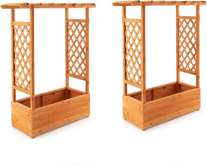 Raised Garden Bed with Trellis Wood Planter Box with Arch Trellis Hanging Roof &amp Drainage Holes Outdoor Elevated Planter for Garden Climbing Plants Flowers Vegetables (2)