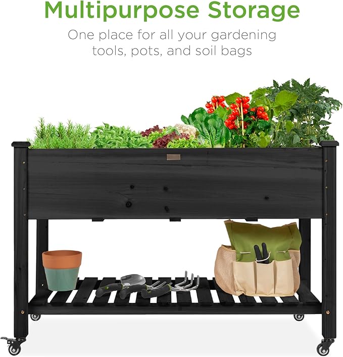 Best Choice Products Raised Garden Bed 48x24x32-inch Mobile Elevated Wood Planter w/Lockable Wheels Storage Shelf Protective Liner - Black
