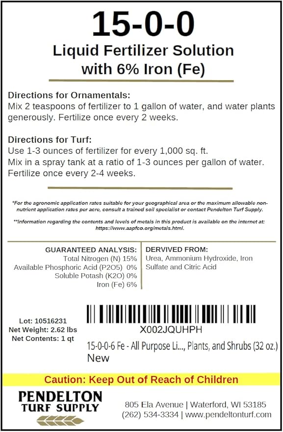 Pendelton Turf Supply Inc. 15-0-0-6 Fe All Purpose Liquid Iron Fertilizer Solution for Darker Greener Turf Plants and Shrubs (32 oz.)