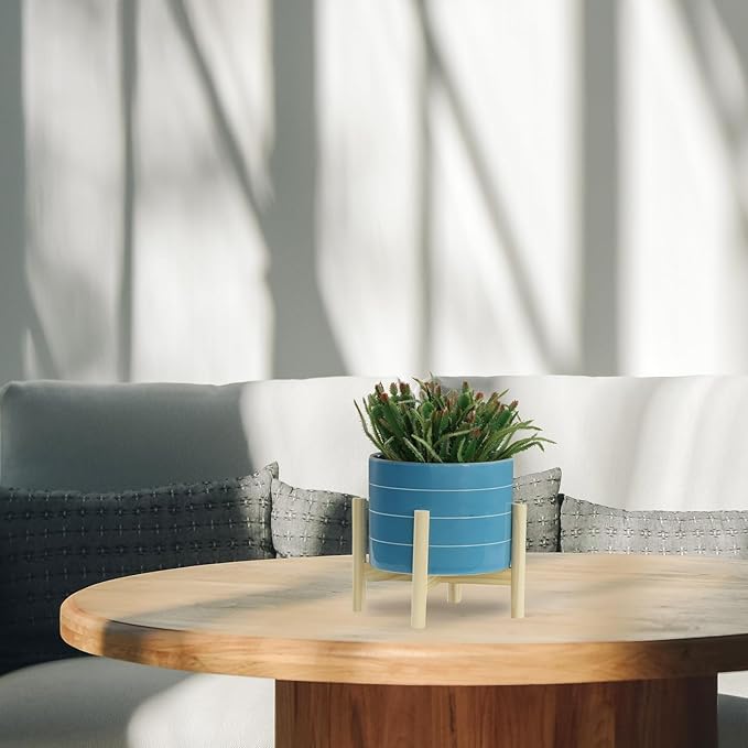 8 Striped Planter W Wood Stand SkyBlue