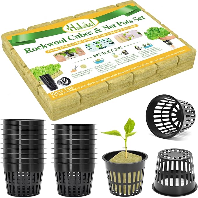 Halatool 24 x 2-Inch Rockwool Cubes &amp 24 x 3-Inch Net Cups - Hydroponics Starter Kit for Plants Cloning Seed Starting and Patio Gardening - Durable Effective Great Gift Option