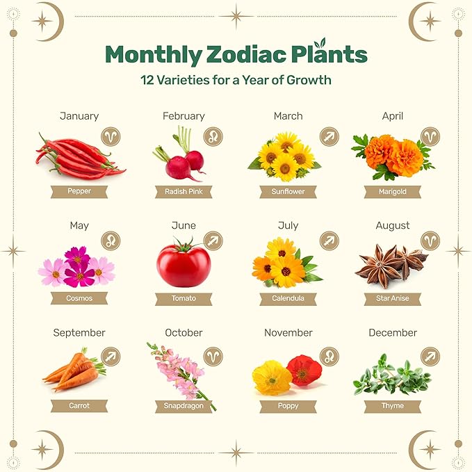 Lush&ampDew Gardening Gifts for Women Men Zodiac Garden Seed Bank 12 Varieties Non-GMO Heirloom Vegetables Flower Seeds Hand Craft Storage Box with Moon Calendar for Fire Signs USDA Zone 3-11