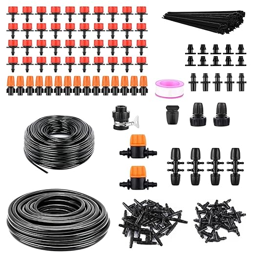 164FT Drip Irrigation System Kit Automatic Garden Watering Misting System DIY Automatic Irrigation System for Garden Greenhouse Flower Bed with 8mm/4mm Tubing Hose and Accessories