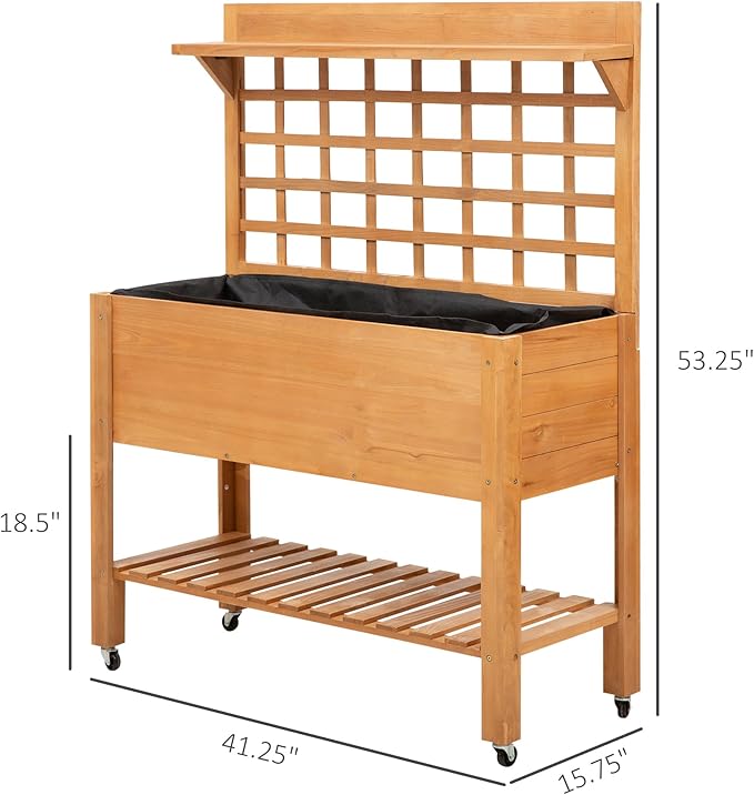 Outsunny 41 Raised Garden Bed with Trellis on Wheels Wooden Elevated Planter Box with Legs and Bed Liner for Flowers Herbs &amp Vegetables Brown