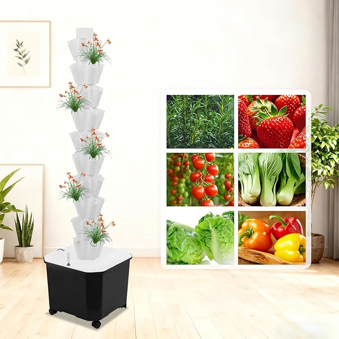 10 Layer Hydroponic Towers Growing System 50 Pods Hydroponic Grow Towers Kit with Water Pump and Movable 11.89Gal Water Tank Indoor/Outdoor for Vegetable Strawberries Lettuce (White)
