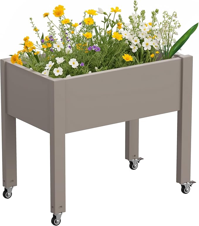 Raised Garden Bed with Wheels - Outdoor Mobile Elevated Resin Planter Box with Drainage Holes for Vegetables Flower Herbs (1 Pack Gray)