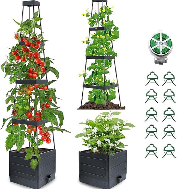 Raised Garden Bed with Trellis - Self-Watering Planter Box for Tomatoes Vegetables &amp Flowers Weather-Resistant for Patio &amp Greenhouse