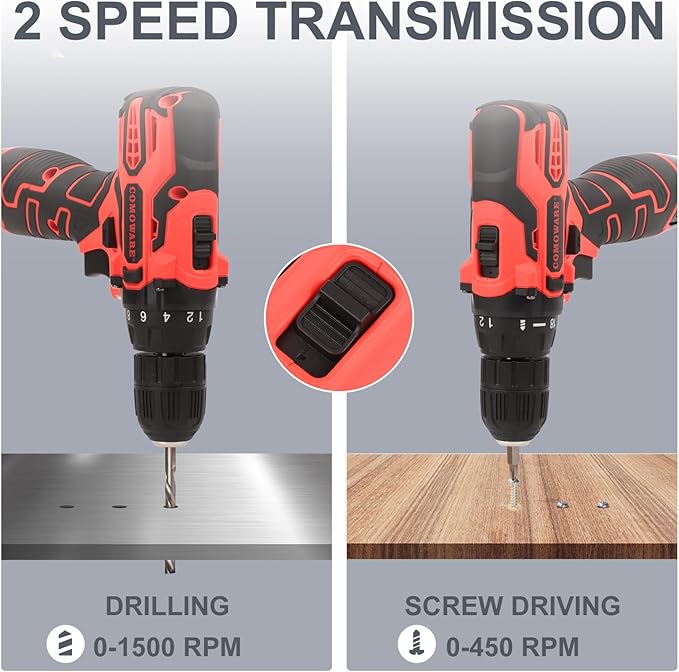 COMOWARE Cordless Drill Set 12V Power Drill 1 Battery 3/8 Keyless Chuck0-450 &amp 0-1500 RPM 10pcs Screwdriver Bits Red