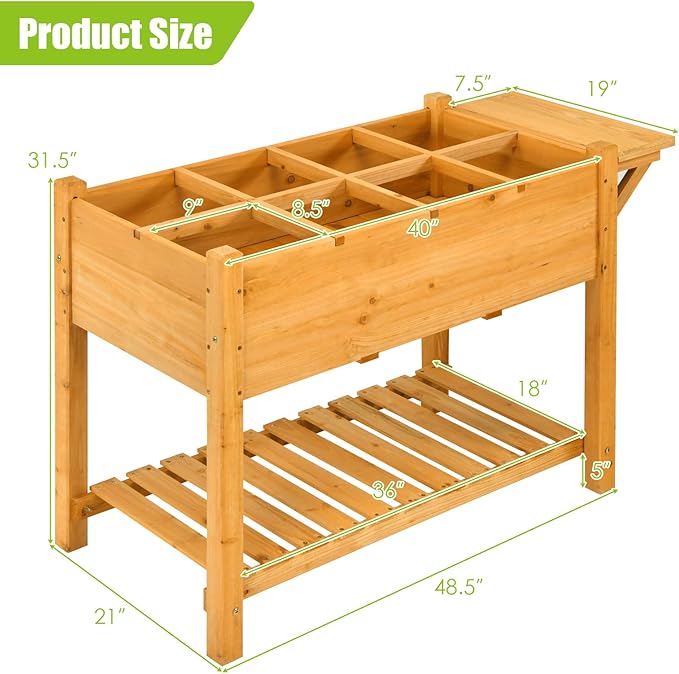 Giantex Planter Raised Bed Elevated Raised Garden Box with 8 Grids and Side Work Table Outdoor Wood Plant Container Backyard Patio (48.5 Lx21 Wx31.5 H)