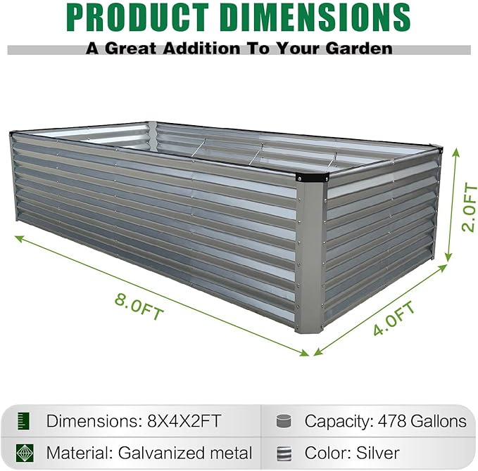 GrowHaus 8x4x2FT Galvanized Raised Garden Bed Planter Boxes Outdoor Large Metal Garden Beds for Planting Vegetables Flowers Herbs Rectangle Silver