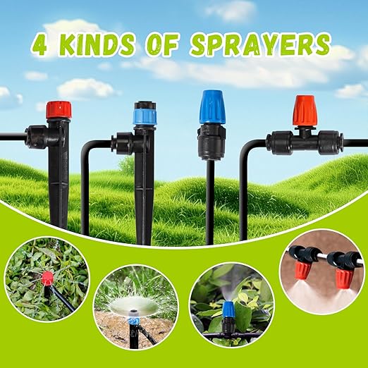 Drip Irrigation Kit Automatic Watering System 115FT Misting Sprinkler DIY Devices with 1/4 &amp 1/2 Tubing Hose Adjustable Nozzle Emitters Quick Connectors for Greenhouse Garden Patio