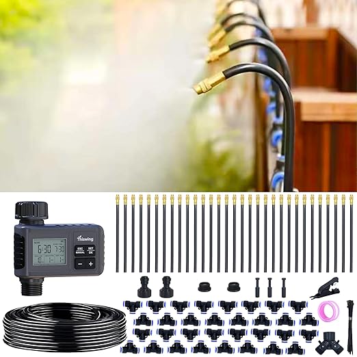 360° Adjustable Drip Irrigation System - 100FT Garden Watering Atomizing System with 32 Nozzles &amp Water Timer Greenhouse Accessories for Yard Lawn Plants Garden 5/16 inches Tubing