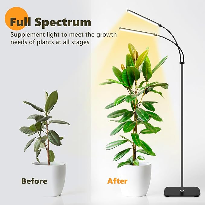 Plant Grow Light Dual Head 40W Indoor Growing Lights144LEDs Full Spectrum Wide Illumination Area 63IN Adjustable Height Stand 10 Dimmable 3/9/12H Auto Timer Floor Lamp for Plants Growth
